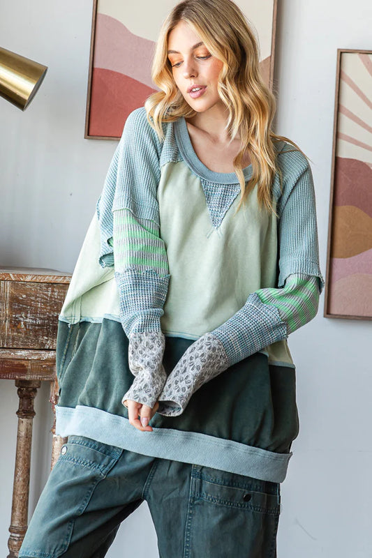 Oli and Hali sea foam WASHED COLORBLOCK DETAIL MIX MEDIA PULLOVER TOP