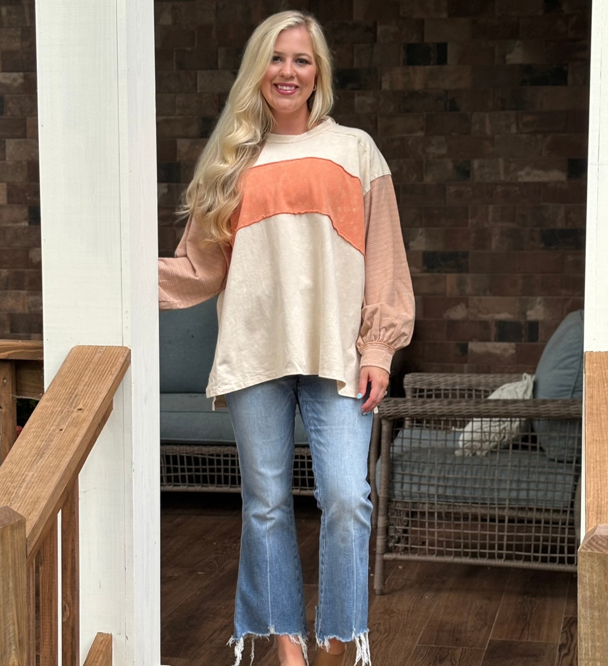 Easel pumpkin color block pullover top