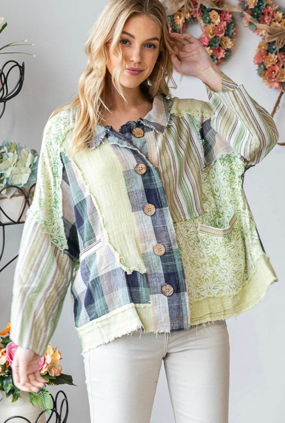 Oli and Hali patchwork collared button down green mix