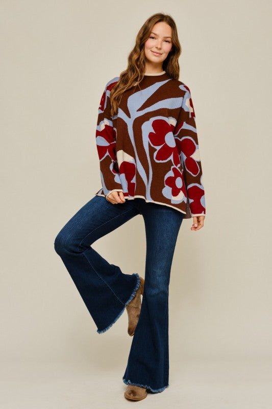 Jodifl Side Slit Hem Floral Pattern Sweater