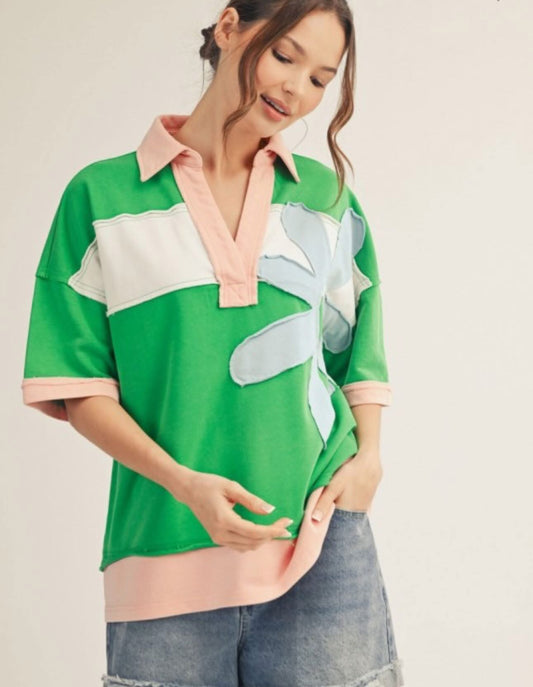 Jodifl collared flower patch knit sweatshirt top