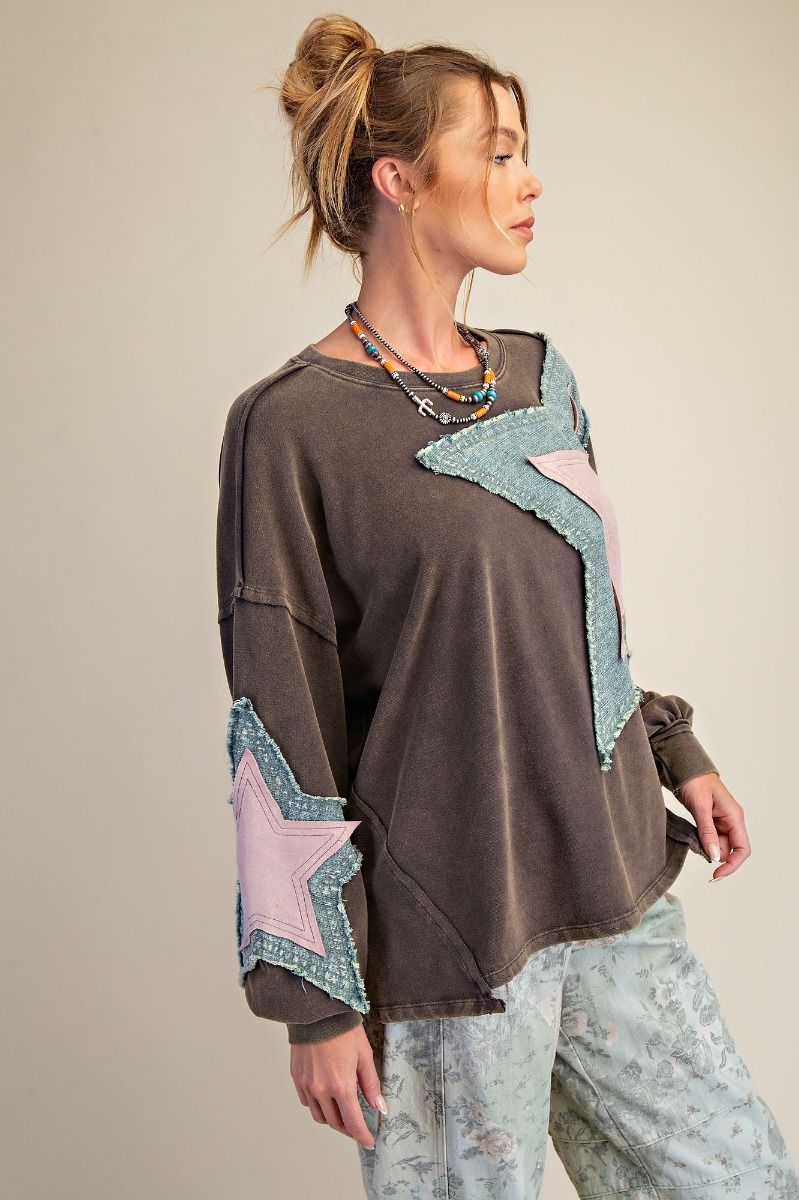 Easel mineral wash star patch sweatshirt tops