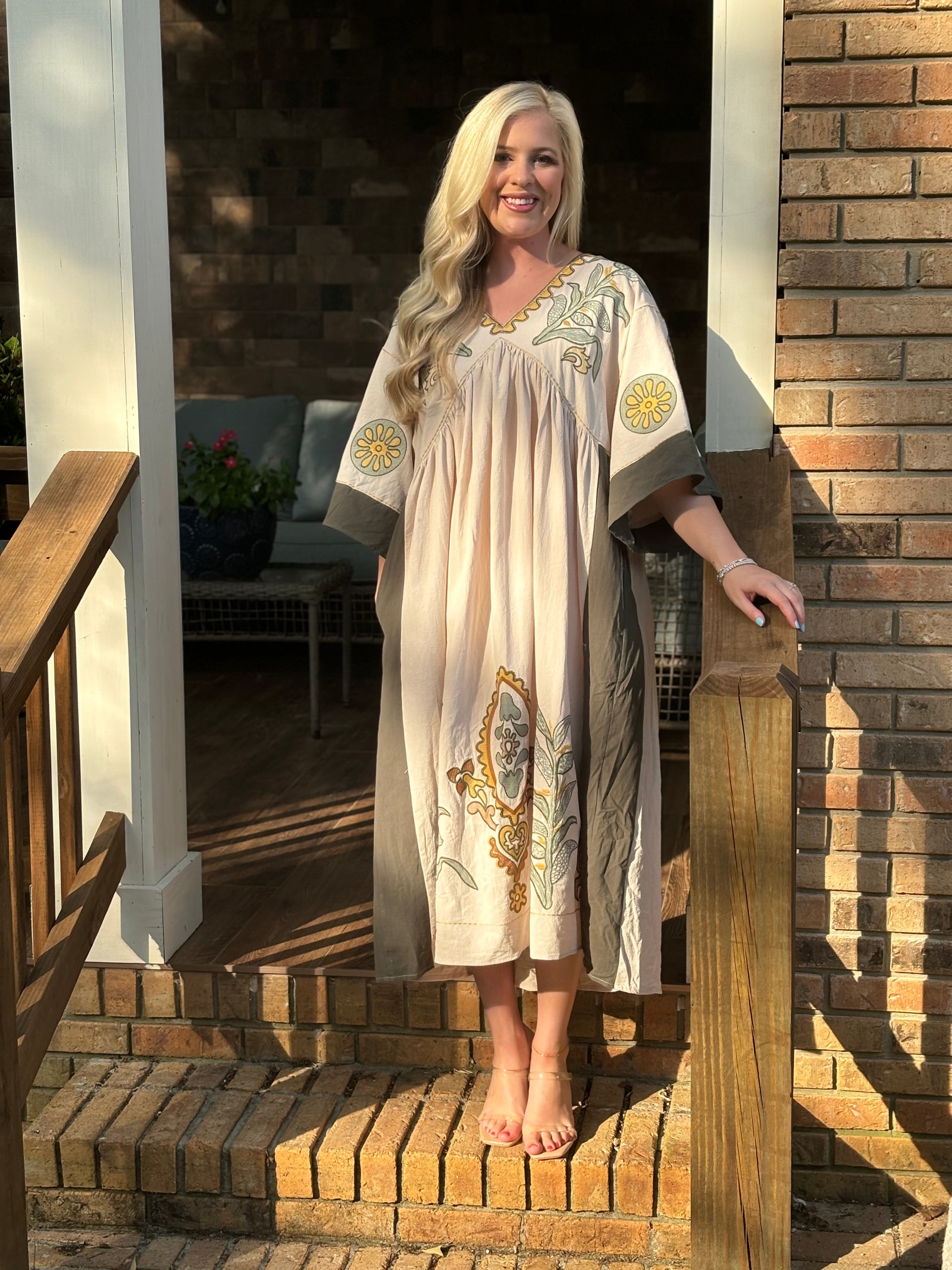 Blue Velvet Embroidered Midi Dresses L / Olive/ Taupe