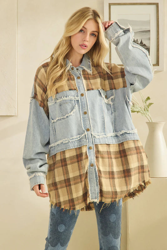 Oli and Hali washed fabric mix plaid button down jacket