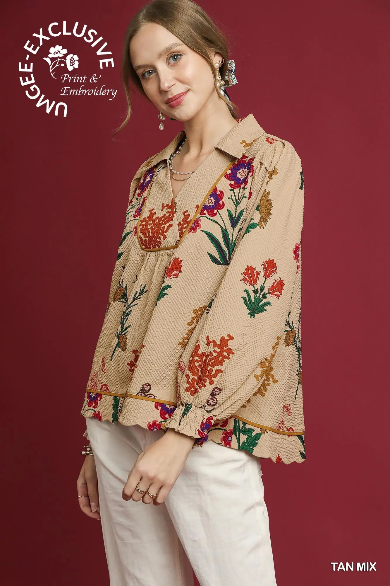 Umgee textured printed top taupe