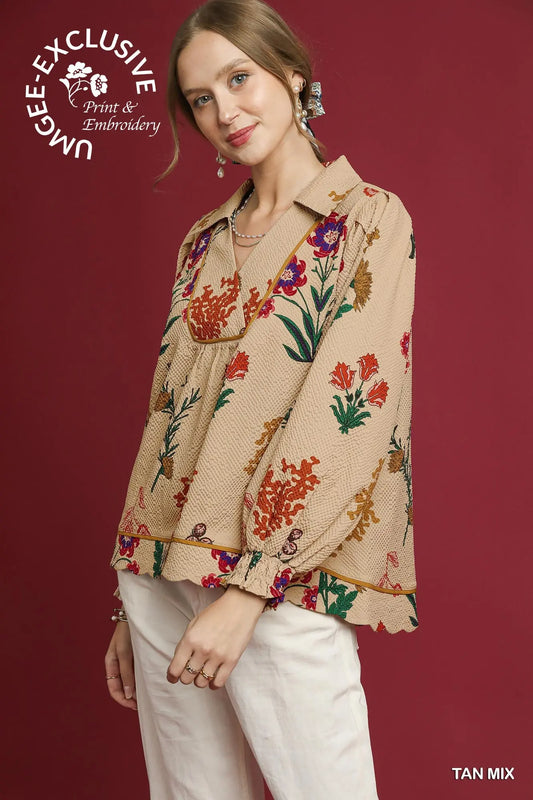Umgee textured printed top taupe