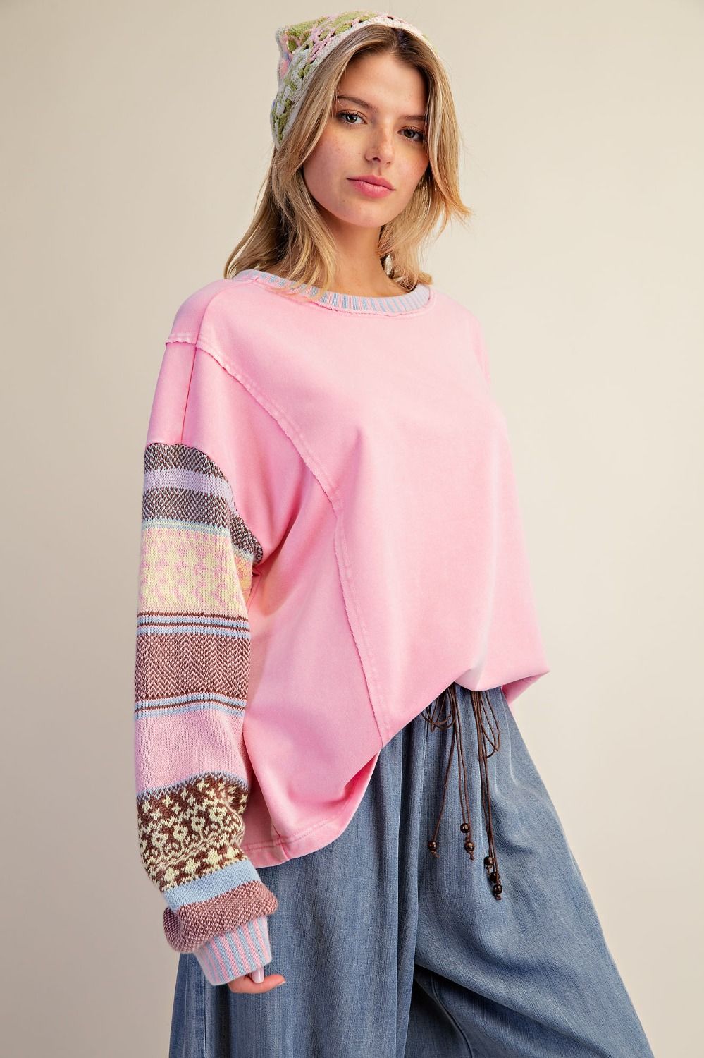 EASEL MULTI THREAD KNITTED SLVS WASHED TERRY PULLOVER