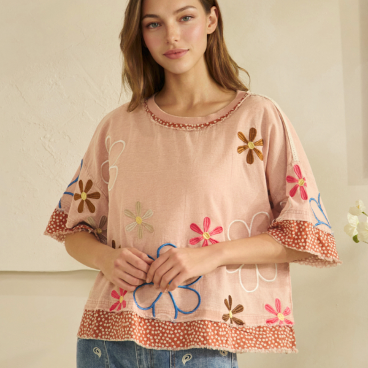 Oli and Hali blush embroidered top