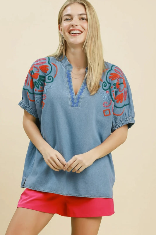 Umgee denim chambray embroidered top