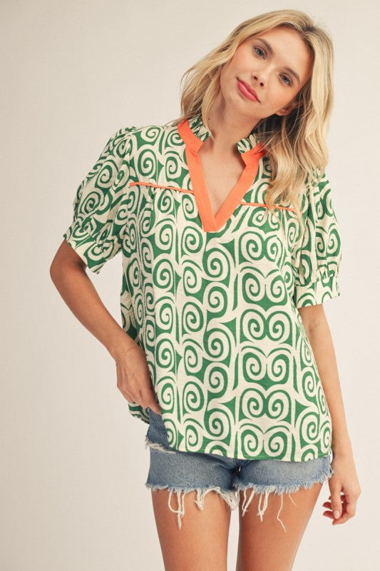 Jodifl contrast swirl collared tops
