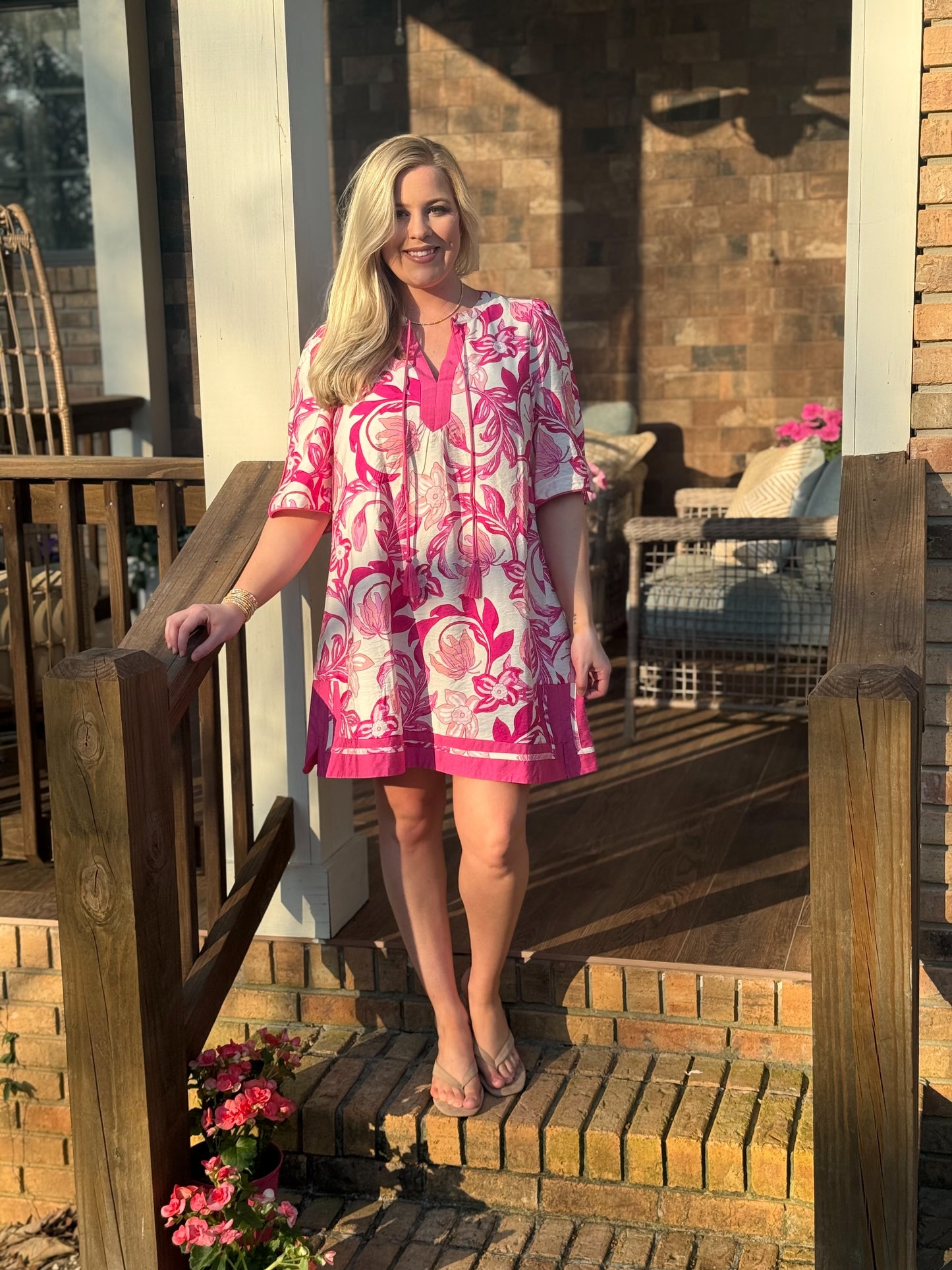 Umgee pink mix dress with neck tie