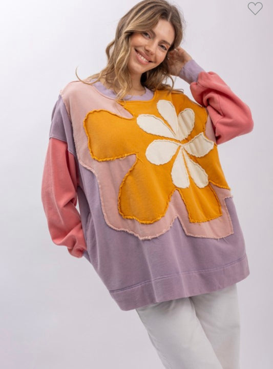 Blue velvet Oversized flower patch sweatshirt