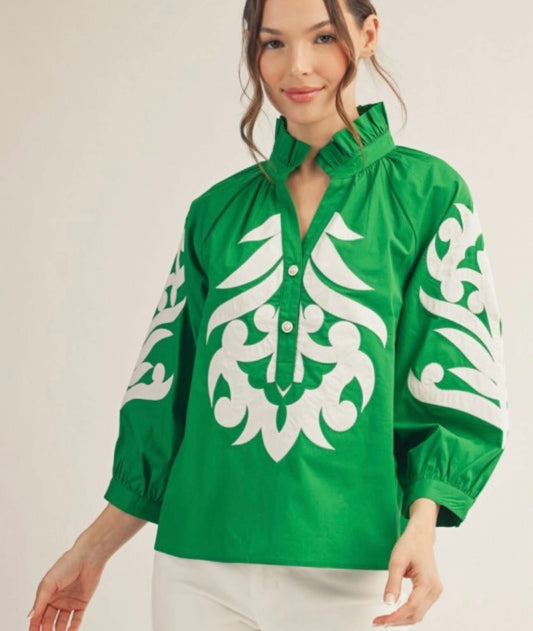 Jodifl Kelly green appliqué top