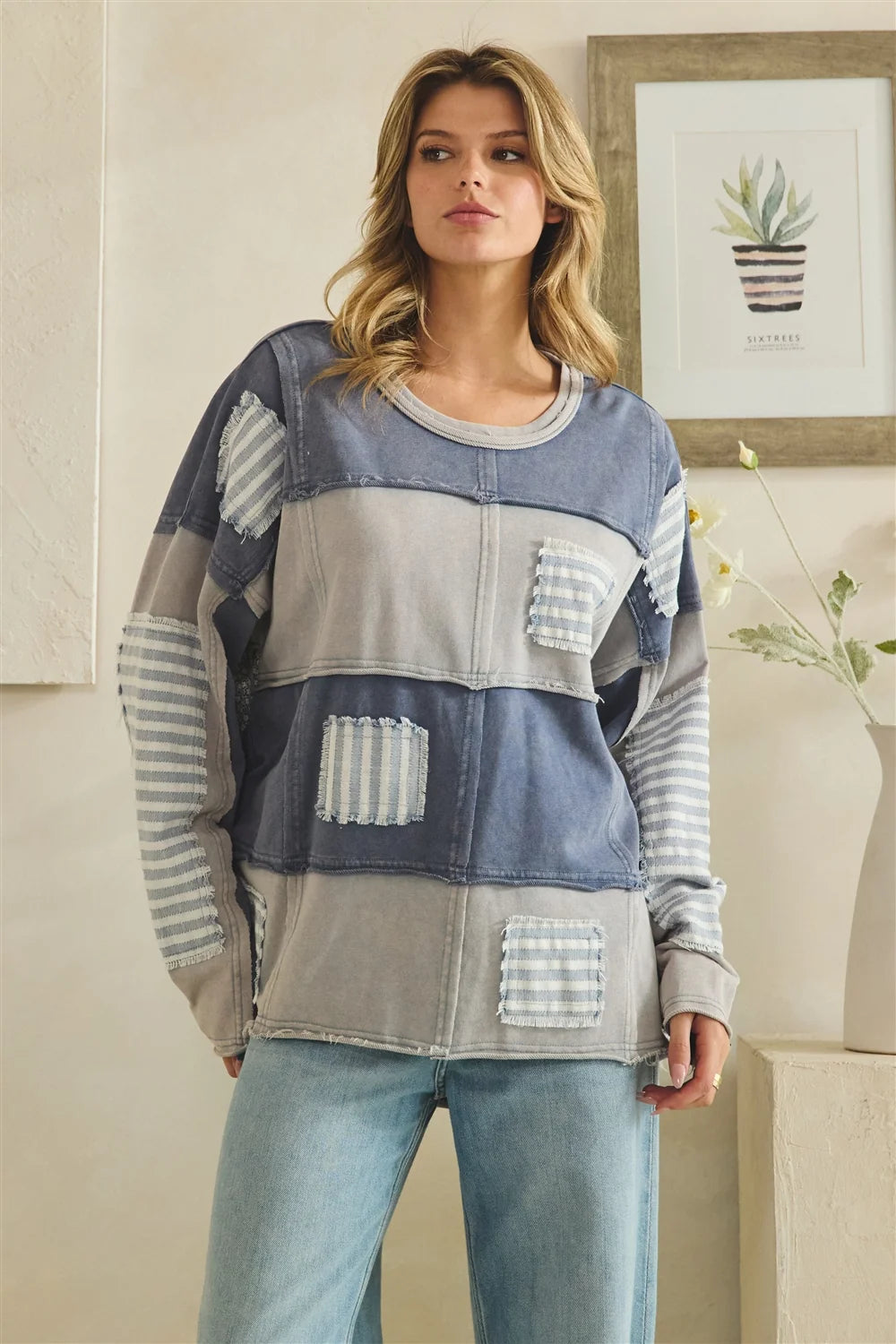 OLI AND HALI WAHSED STRIPE PATCHED DETAIL SWEATSHIRT