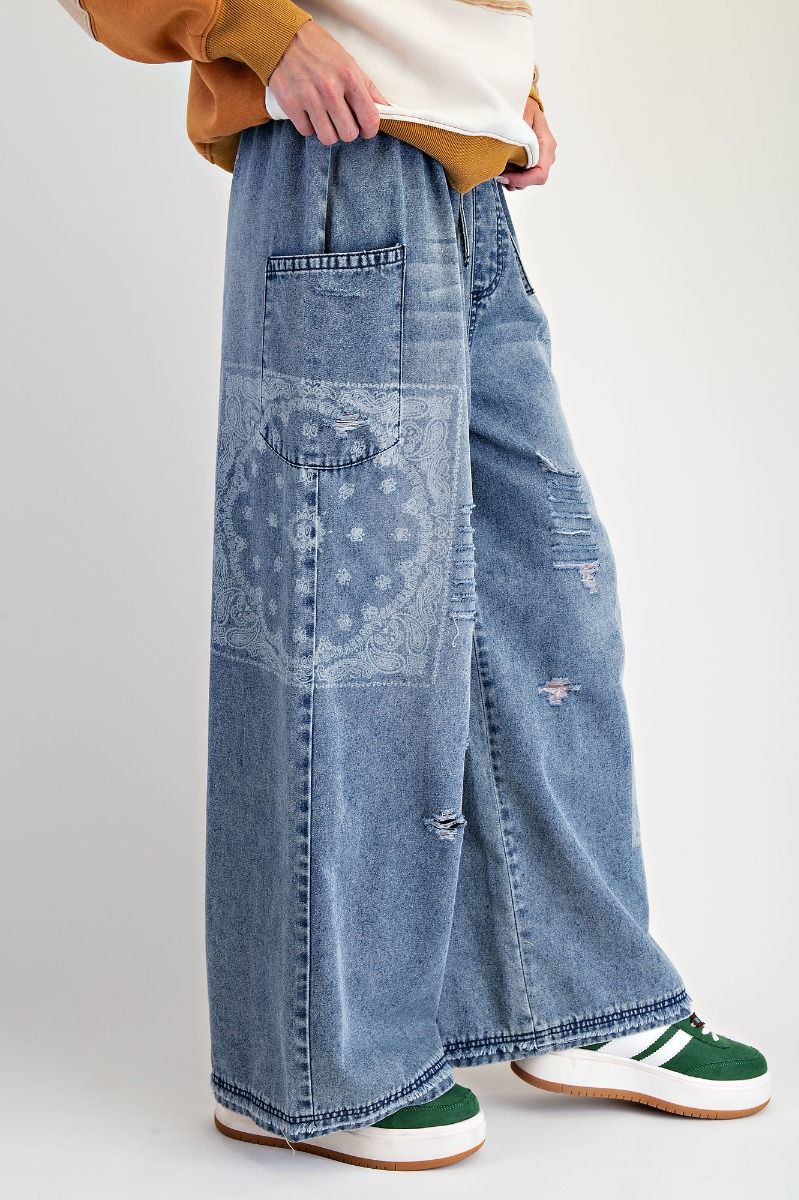 Easel PATCHWORK PRINTED WASHED DENIM PANTS