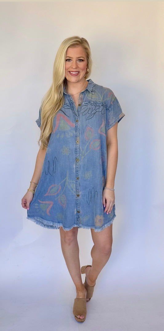 Easel denim printed button down dress