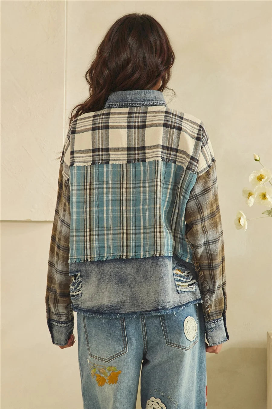 OLI AND HALI WASHED DENIM PLAID MIX BUTTONDOWN SHIRT