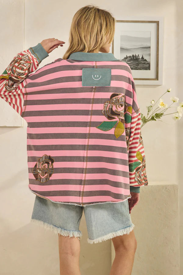 Oli and Hali pink striped floral knit collared pullover