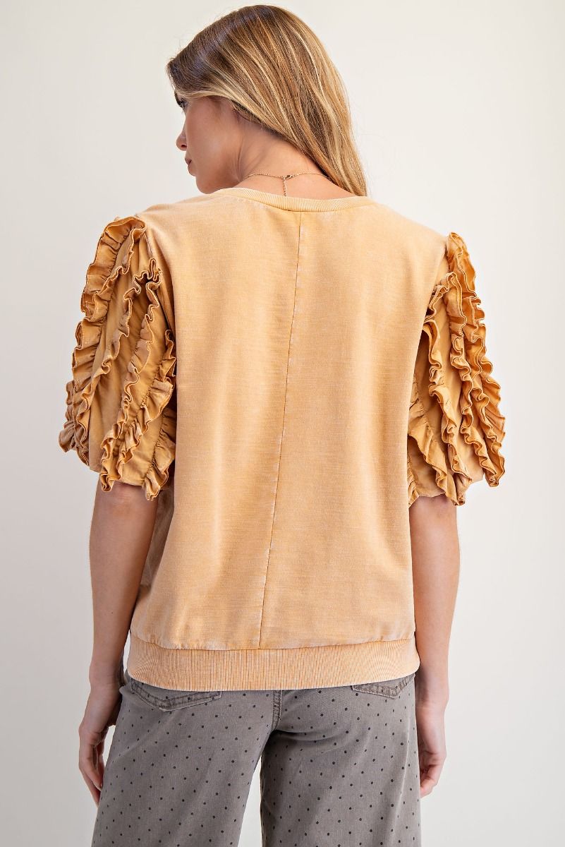 Easel ruffle sleeve mineral wash top camel