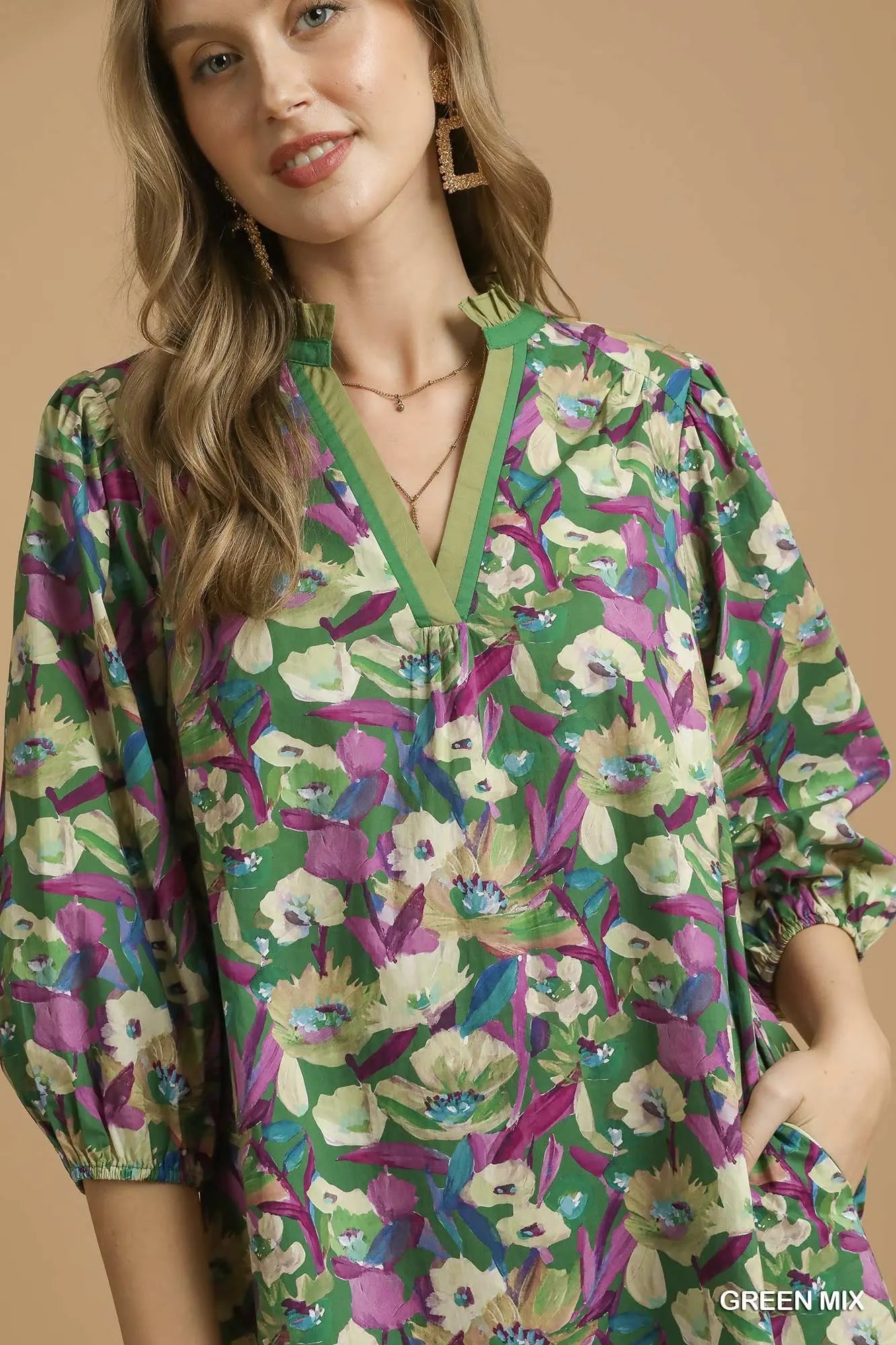 Umgee Boho Floral V-Neck Balloon Sleeve Dress green mix