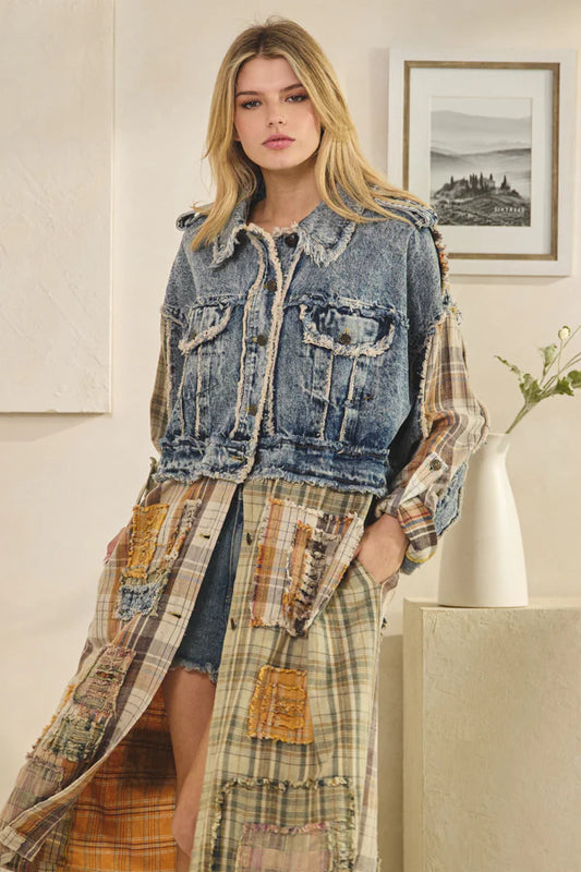 Oli and HaliWASHED DENIM PLAID MIXED LONG SLEEVE JACKET
