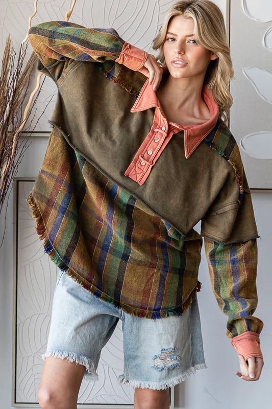 Oli and Hali plaid half button down pullover