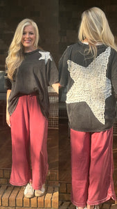 Blue velvet charcoal star lace patchwork top