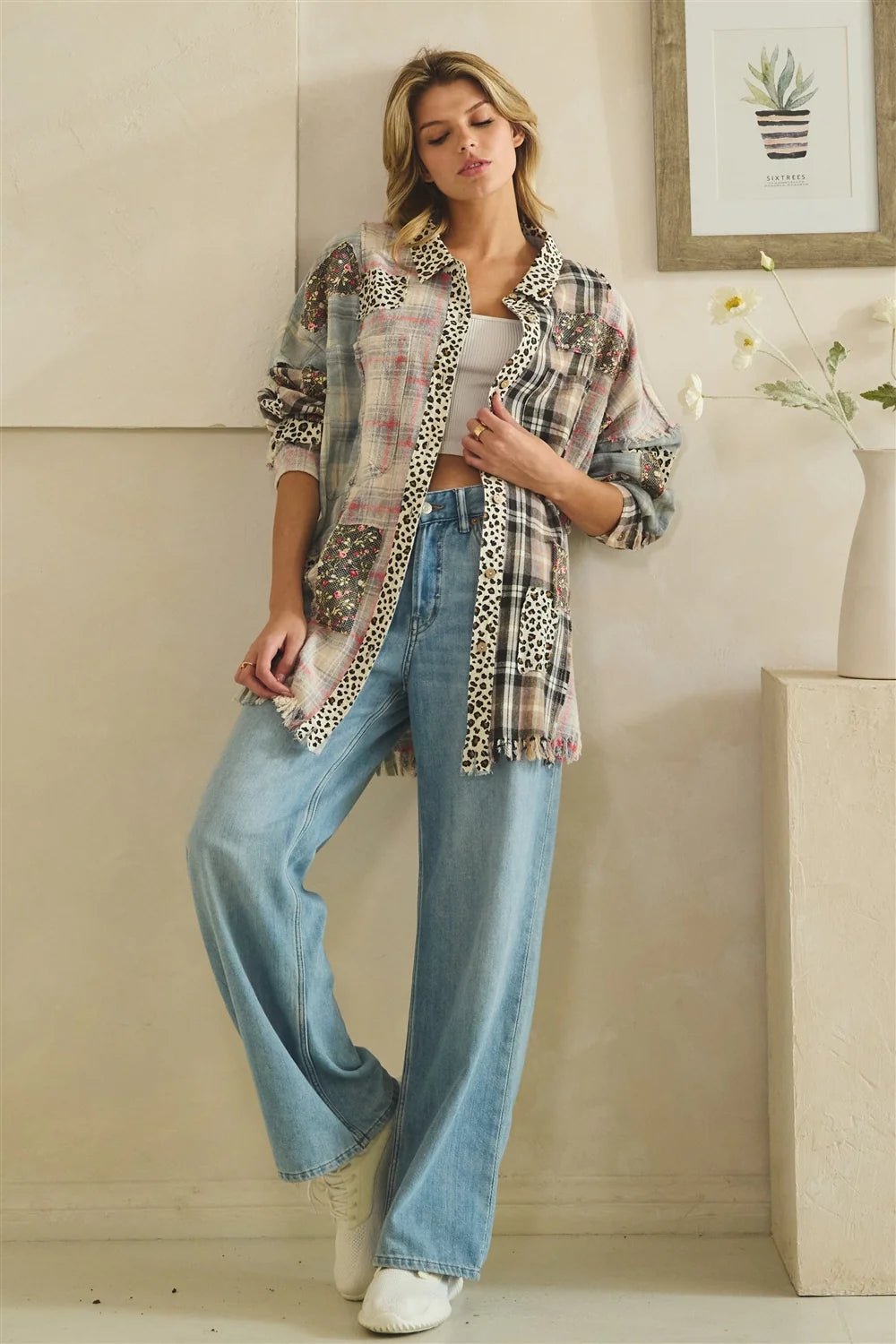 OLI AND HALI WASHED LEOPARD FLORAL PATCH MIX BUTTON DOWN SHIRT