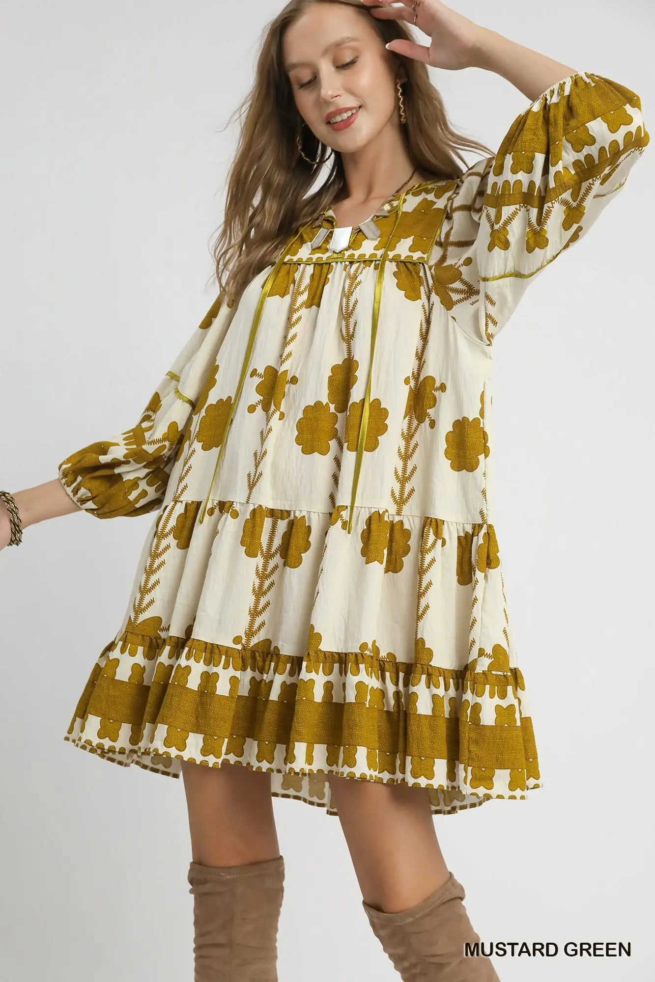 Umgee Mustard printed tiered dress