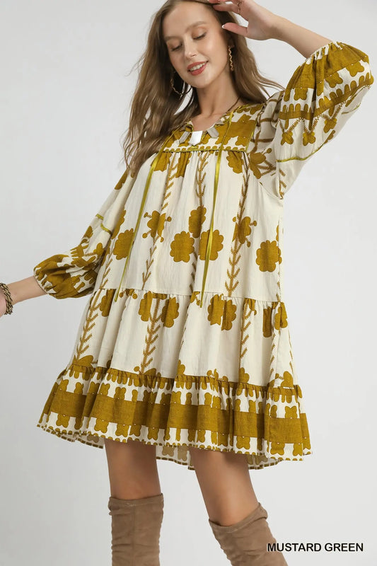 Umgee Mustard printed tiered dress