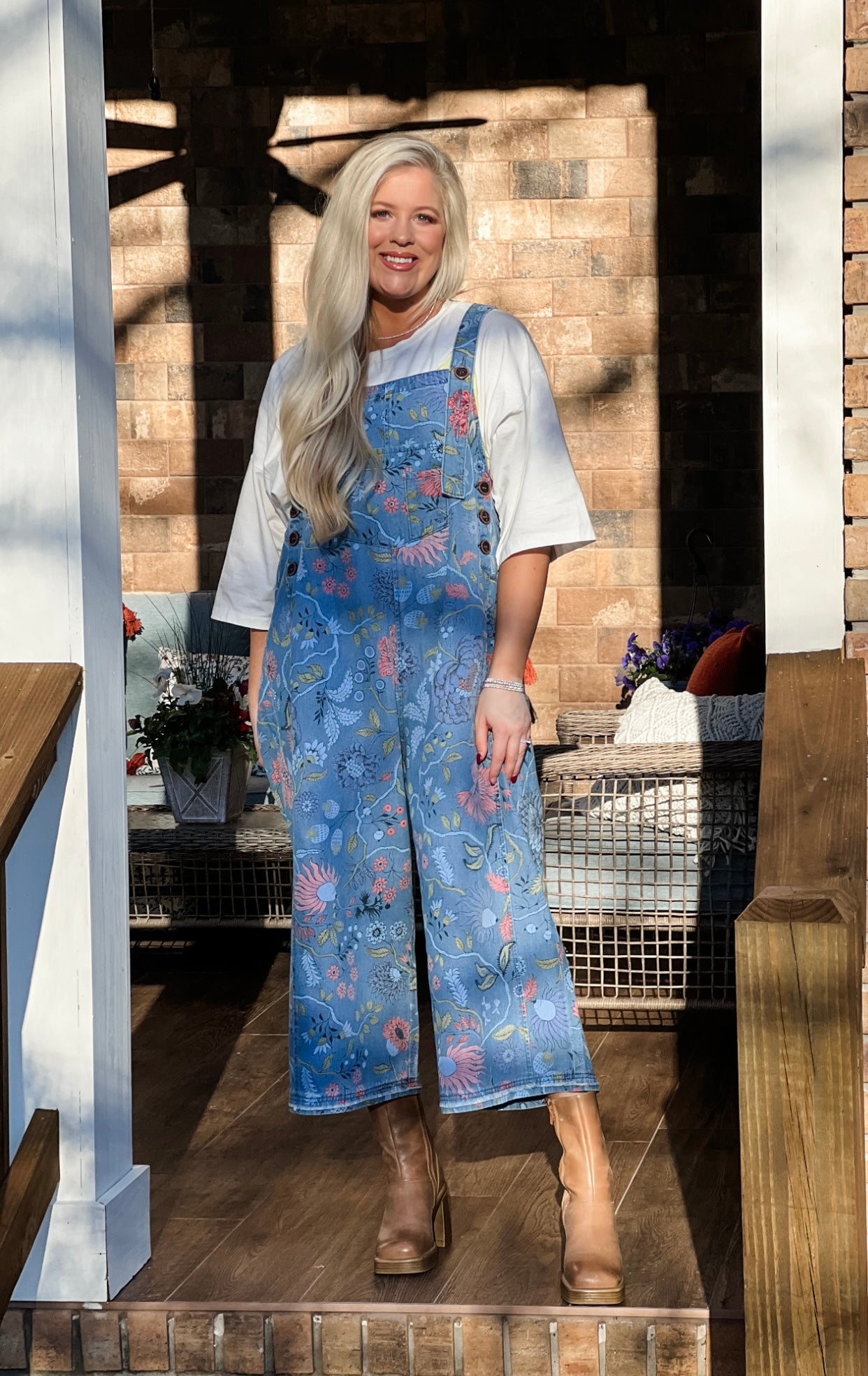 Easel slouchy floral denim overalls