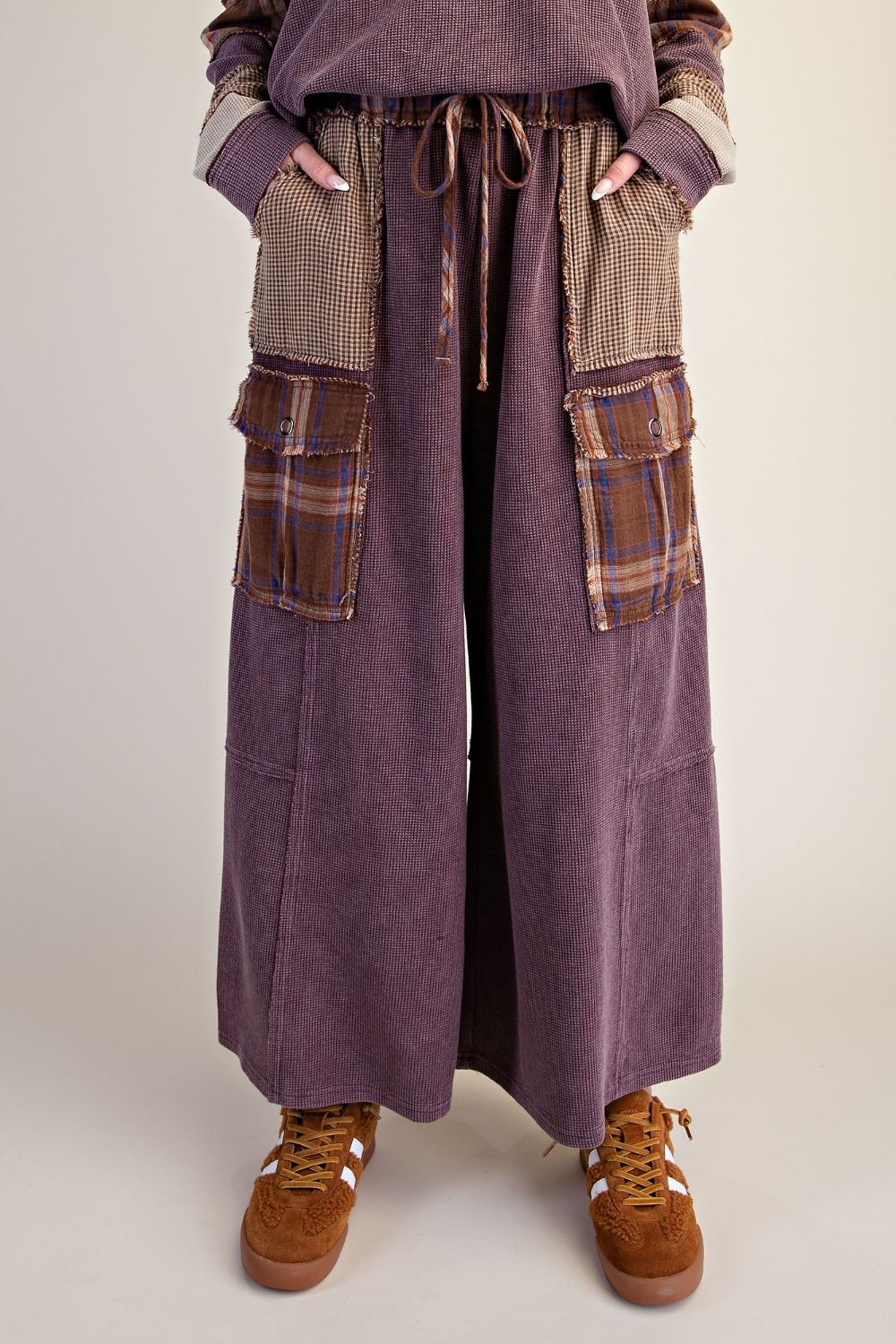 EASEL PATCHWORK THERMAL KNIT WASHED PANT SET MOCHA