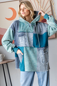 Oli and Hali washed denim patchwork hoodie