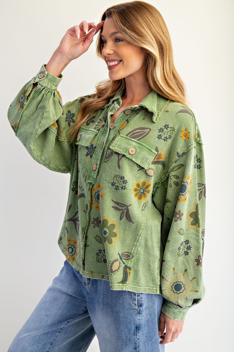 Easel floral mineral wash half button pullover Juniper Green