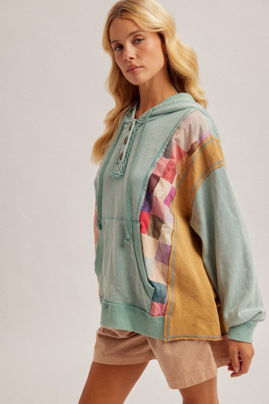 Checker print mix color block hoodie seafoam