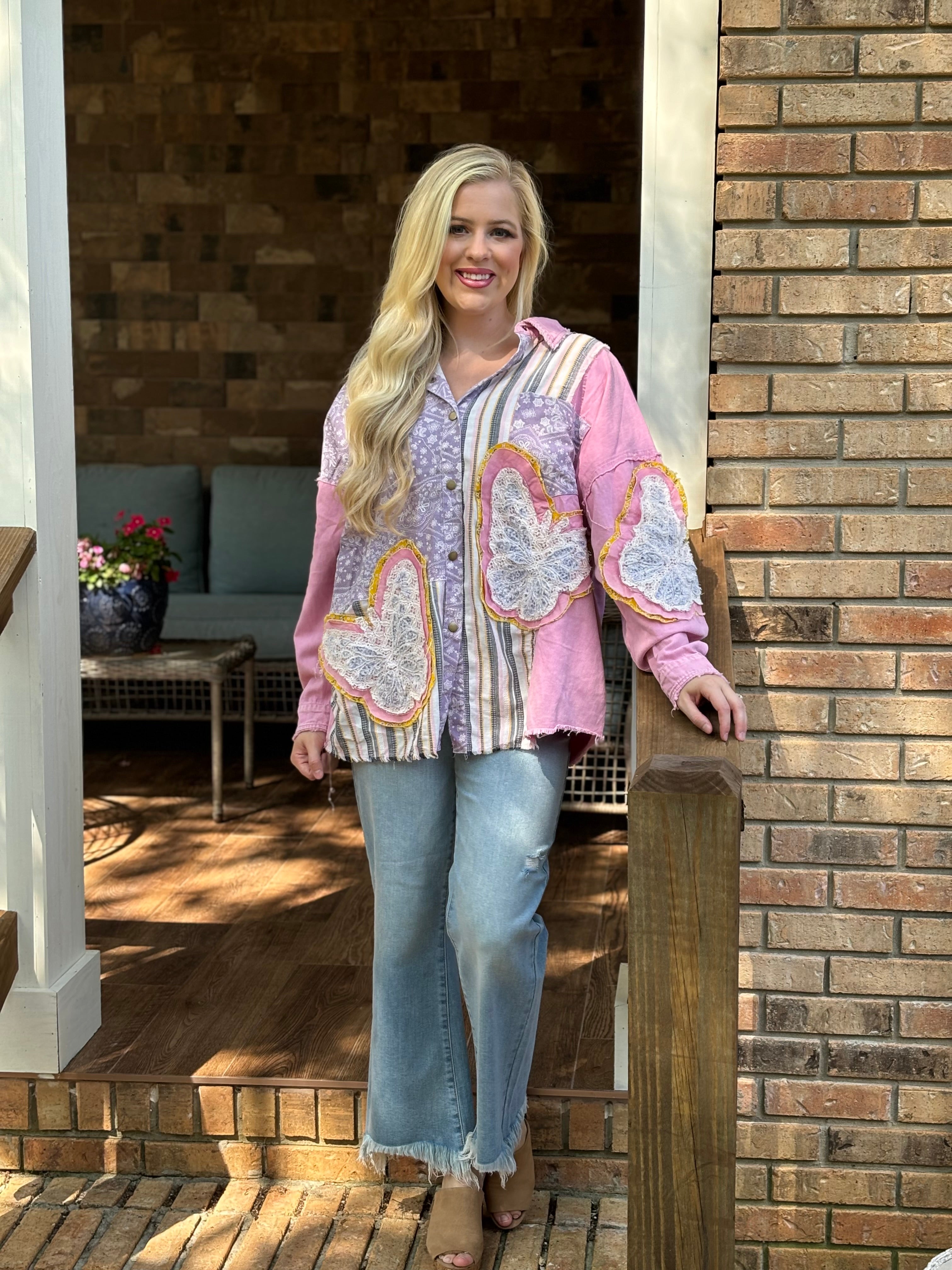 Blue velvet pink and purple lace butterfly button down