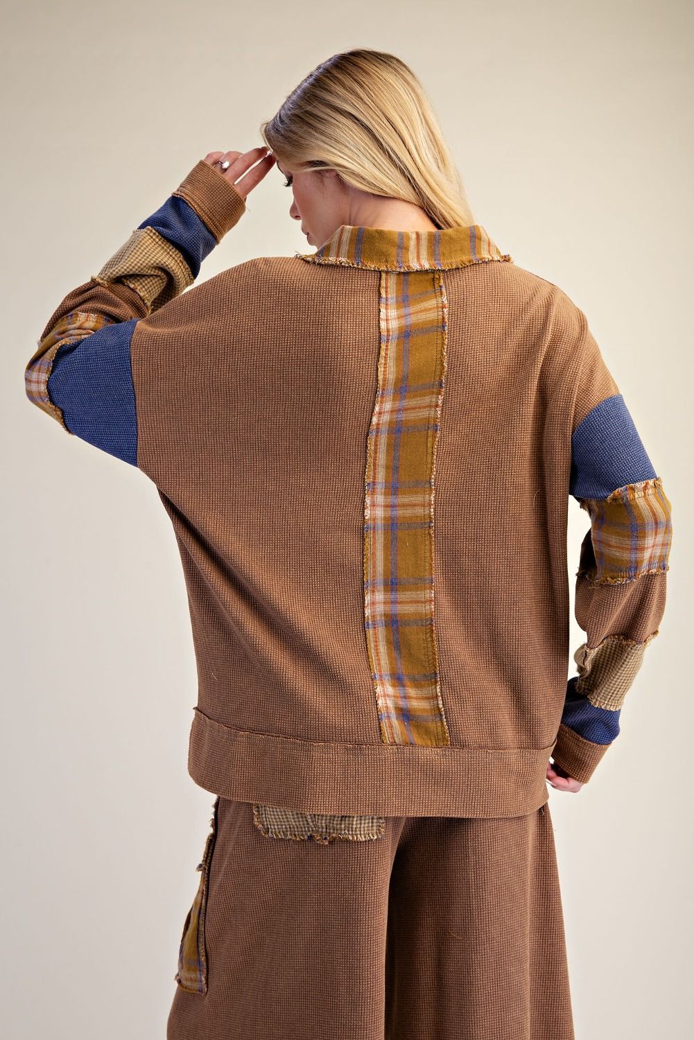 EASEL PATCHWORK THERMAL KNIT WASHED PANT SET CAMEL