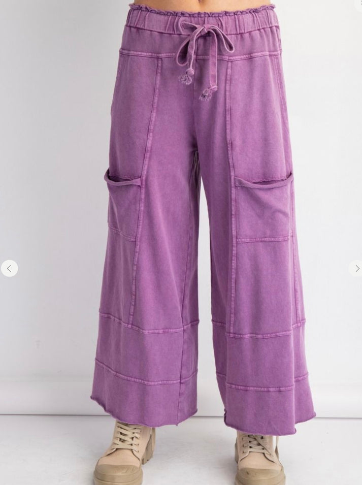 Wide Leg Mineral Wash Smocked Waistband Bottoms