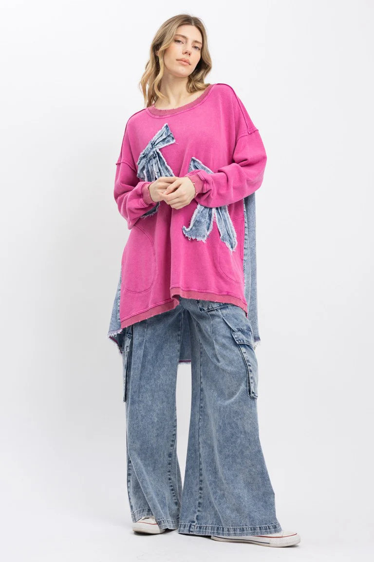 BlueVelvet OVERSIZED Mixed Media Top with denim Ribbon Bow Patches