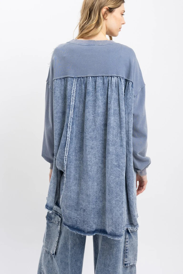 BlueVelvet OVERSIZED Mixed Media Top with denim Ribbon Bow Patches