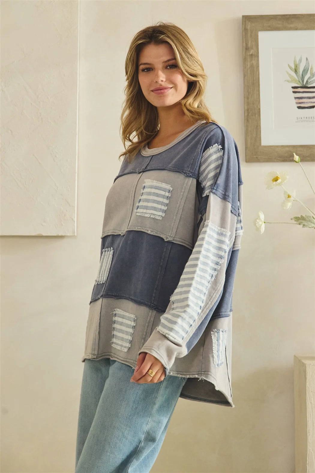 OLI AND HALI WAHSED STRIPE PATCHED DETAIL SWEATSHIRT