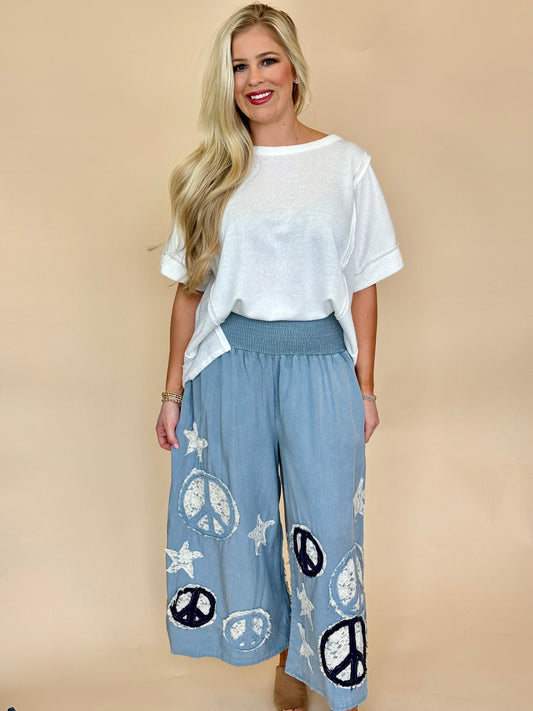 Oli and Hali chambray denim wide leg pants stars + peace