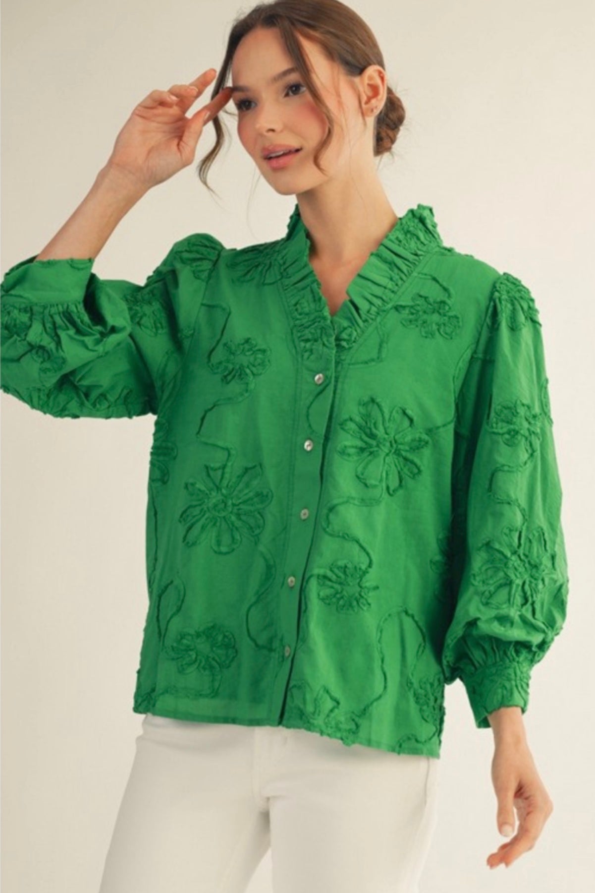 Jodifl raised flower button up tops