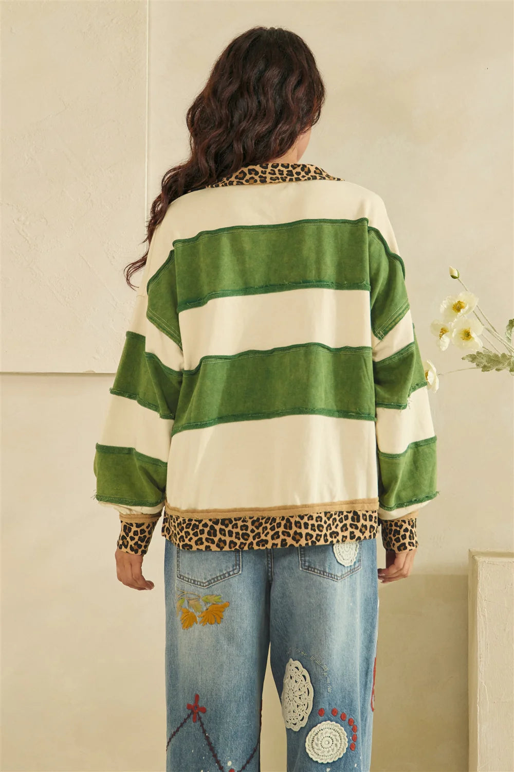 OLI AND HALI WASHED CONTRAST STRIPE LACE UP TOP