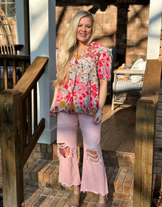 Pink floral collared top