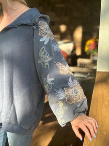 Blue velvet denim embroidered zip up jacket