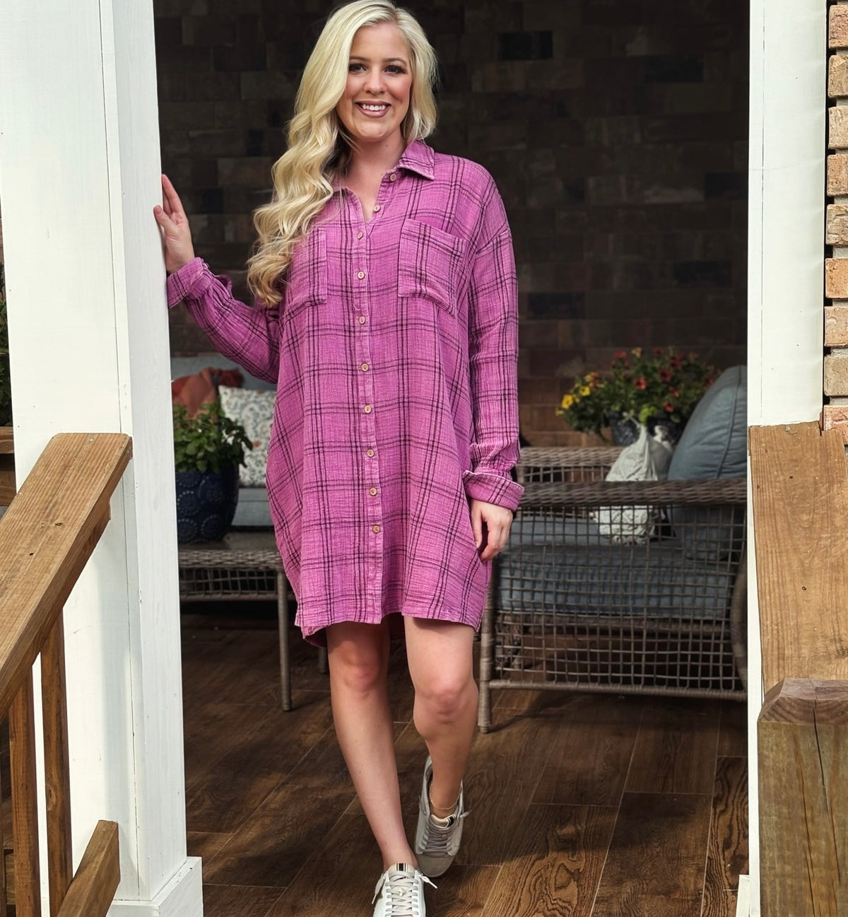 Easel Mineral wash plaid shirt dress
