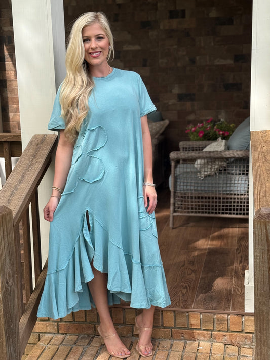 Easel raised flower turqouise dress