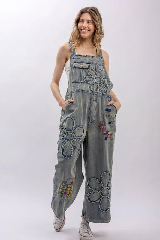 Blue velvet denim flower patch overalls