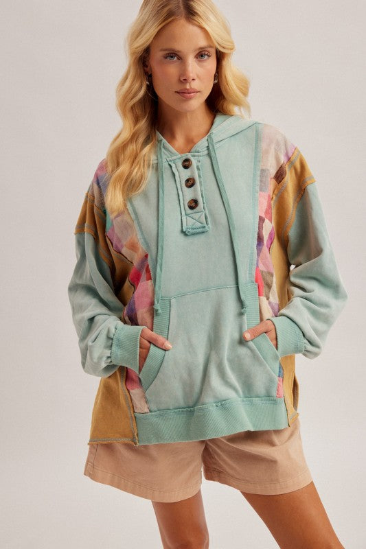 Checker print mix color block hoodie seafoam